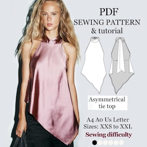 May include: A woman wearing a pink satin asymmetrical tie top. The image includes a PDF sewing pattern and tutorial for the top, with size options from XXS to XXL. The sewing difficulty is indicated by a series of dots.