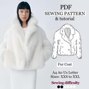 Puede incluir: Una persona lleva un abrigo de piel blanco. La imagen incluye un dibujo lineal del abrigo y el texto "PDF SEWING PATTERN & tutorial" y "Fur Coat". El patrón está disponible en tallas XXS a XXL.