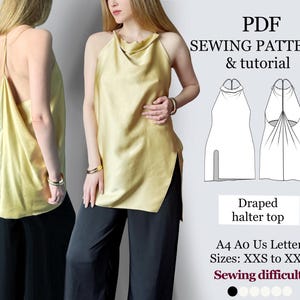 Draped Halter Top Sewing Pattern | Open Back Cowl Neck PDF (XXS-XXL)