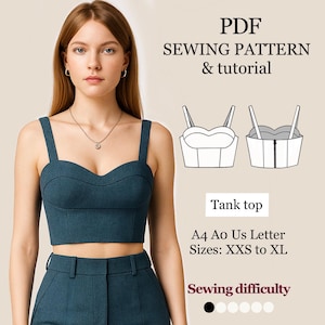 May include: A teal tank top with wide straps and a sweetheart neckline. The image also includes a PDF sewing pattern and tutorial for a tank top, with sizes ranging from XXS to XL. The difficulty level is indicated by a series of dots.