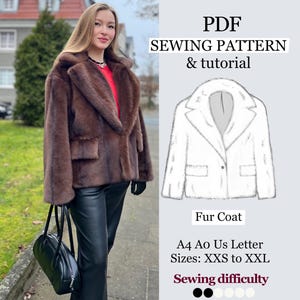 May include: A woman wearing a brown fur coat, black pants, and holding a black bag. The image includes a diagram of the coat and text that reads "PDF SEWING PATTERN & tutorial Fur Coat A4 Ao Us Letter Sizes: XXS to XXL Sewing difficulty."