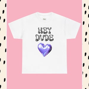 Hey Dude heart T-Shirt | metallic bubble letters, purple heart graphic