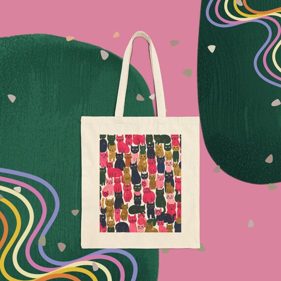 Hand-Drawn Cat Pattern Tote Bag | 12 oz Cotton Canvas, Playful Feline Design