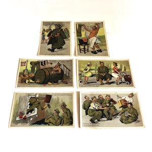 WWII Belgian Comic Postcards Set of 6 – 1940s Military Humor – French Dutch – Unposted – ED Publ Brussels – Vintage Soldier Art