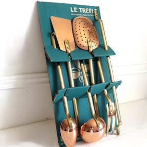 Vintage French Copper and Brass Kitchen Utensil Set – Le Trèfle Vesoul France – Mid-Century Utensils in Original Packaging