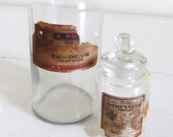 Antique French Two Pharmacy Bottles, Pharmacy Bottles Glass Stoppers