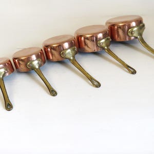 Usable Vintage French Copper Pan Set – Tin-Lined, Brass Handles, Small Nesting Saucepans