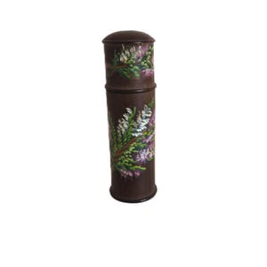 Vintage houten naaigarenhouder, handbeschilderd met bloemenmotief en interne spoel.