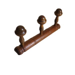 Vintage French Faux Bamboo Peg Rack I Solid Wood Wall Hooks I Chinoiserie Style Coat Rack I Rustic Entryway or Kitchen Hanger