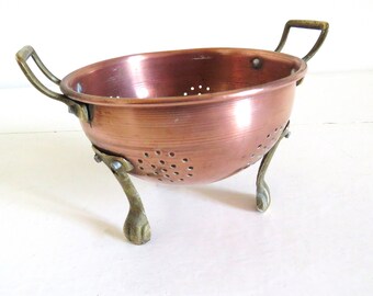 Vintage French Hand Crafted Copper And Brass Colander, Small French Colander