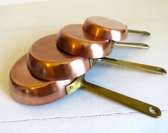 Vintage French Four Copper Fry Pans, Copper Sauce Pans