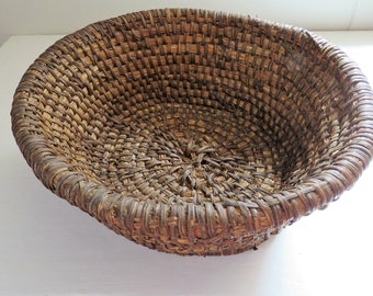 Antique French Large Rye Coiled Basket, Antique French Coiled Rye Straw Basket