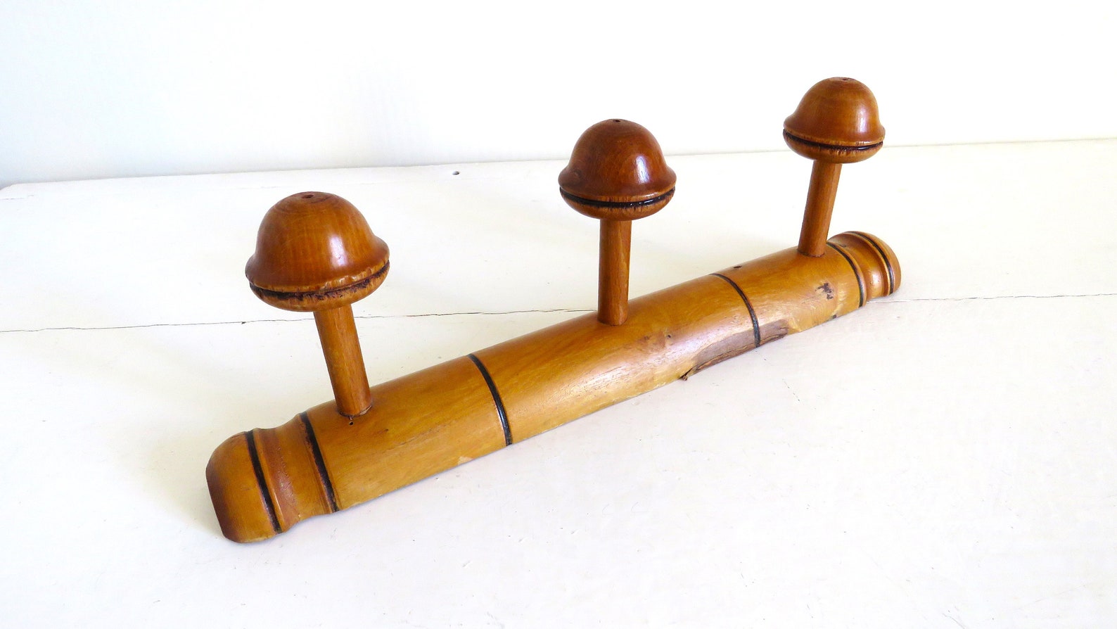 Vintage French Coat Rack, Vintage French Peg Rack, Faux Bamboo 3 Peg Rack, Wood Hat Peg Rack