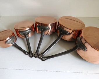 Vintage French Five Copper Pans, French Copper Pans Metaux Ouvres Vesoul