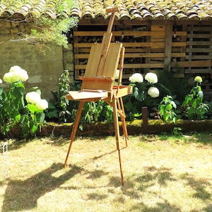 Vintage French Easel by MANET – Beechwood Plein Air Field Easel with Brass Hardware, Palette & Drawer – Mid Century Artist Gear
