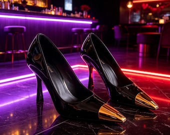 Maßgeschneiderte Einlegesohlen,Schwarz Patent Gold Zehenkappe Pumps | Modellierte Absatz-Stilettos | Valentin Hochzeit Gast Heels