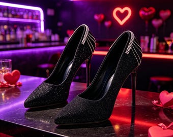 Customized insoles,Black Glitter Rhinestone Chain Pointed Toe High Heels for Women