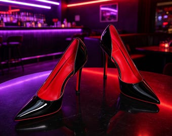 Plantillas personalizadas, tacones de aguja de cuero negro / zapatos de salón con forro rojo / zapatos para invitadas de boda de San Valentín