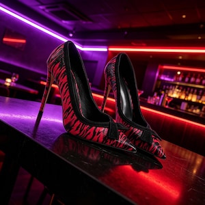 Könnte beinhalten: Ein Paar High Heels mit spitzer Zehenpartie. Die Schuhe haben ein rot-schwarzes Zebra-Muster. Die Absätze sind dünn und Stiletto-artig. Die Schuhe stehen auf einer schwarzen Oberfläche.