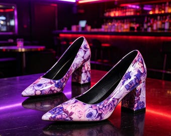 Customized insoles,Purple Floral Block Heel Pumps | Pointed Toe Party Heels
