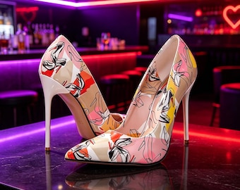カスタマイズ可能なインソール、カラフルな抽象柄のポインテッドトゥスティレットヒール（パーティー、ナイトクラブ、イベント向け）