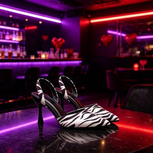 Könnte beinhalten: Ein Paar Slingback-High Heels mit Zebramuster. Die Schuhe haben schwarze Absätze und Riemen und stehen auf einer dunklen, reflektierenden Oberfläche. Der Hintergrund zeigt eine Bar mit lila und roter Beleuchtung. Die Absätze sind ca. 10 cm hoch.