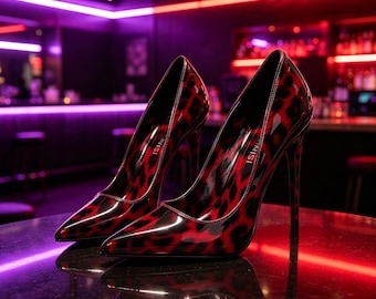 Plantillas personalizadas, zapatos de tacón de aguja con punta puntiaguda y estampado de leopardo rojo y negro para discotecas y fiestas.