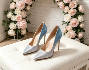 Kundenspezifische Einlegesohlen,Silber bis Blau Ombre Glitter Stiletto Pumps Braut Hochzeit Heels