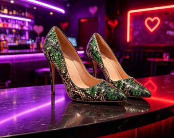 Customized insoles,Green Snake Print Leather Pointed Toe Slim Stiletto Heel Party Nightclub Pumps