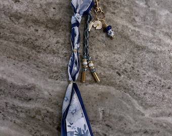 Blue Floral Scarf Bag Charm Keychain with Gold Beaded Tassel, Daisy Charm, Mother’s Day