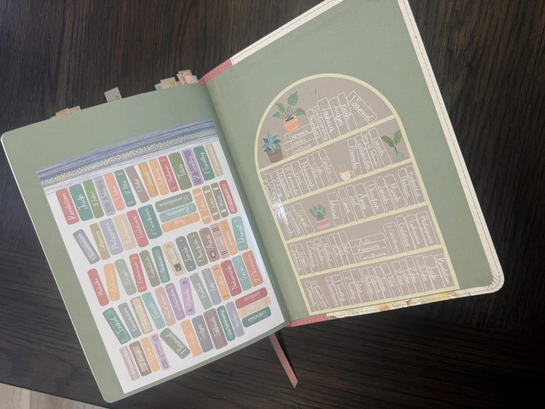 Puede incluir: Un libro abierto con guardas de color verde salvia. La p&aacute;gina izquierda presenta una cuadr&iacute;cula de ilustraciones rectangulares de lomos de libros coloridos. La p&aacute;gina derecha muestra un gr&aacute;fico de estanter&iacute;a arqueada con filas de lomos etiquetados.