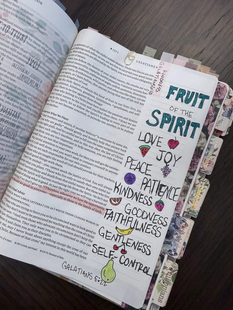 Puede incluir: Una p&aacute;gina de Biblia abierta que presenta una lista escrita a mano titulada Fruit of the Spirit. El texto incluye Love, Joy, Peace, Patience, Kindness, Goodness, Faithfulness, Gentleness y Self-Control, acompa&ntilde;ado de peque&ntilde;os dibujos de frutas a color.