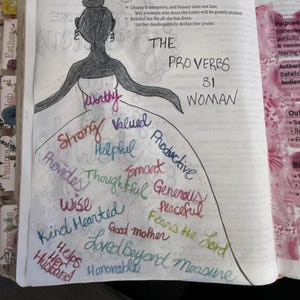 Puede incluir: Una ilustraci&oacute;n dibujada a mano en la p&aacute;gina de un libro que muestra una figura con un vestido. El texto dice THE PROVERBS 31 WOMAN, con palabras como Worthy, Strong, Valued, Productive, Helpful, Smart, Generous, Peaceful, Wise, Kind Hearted.