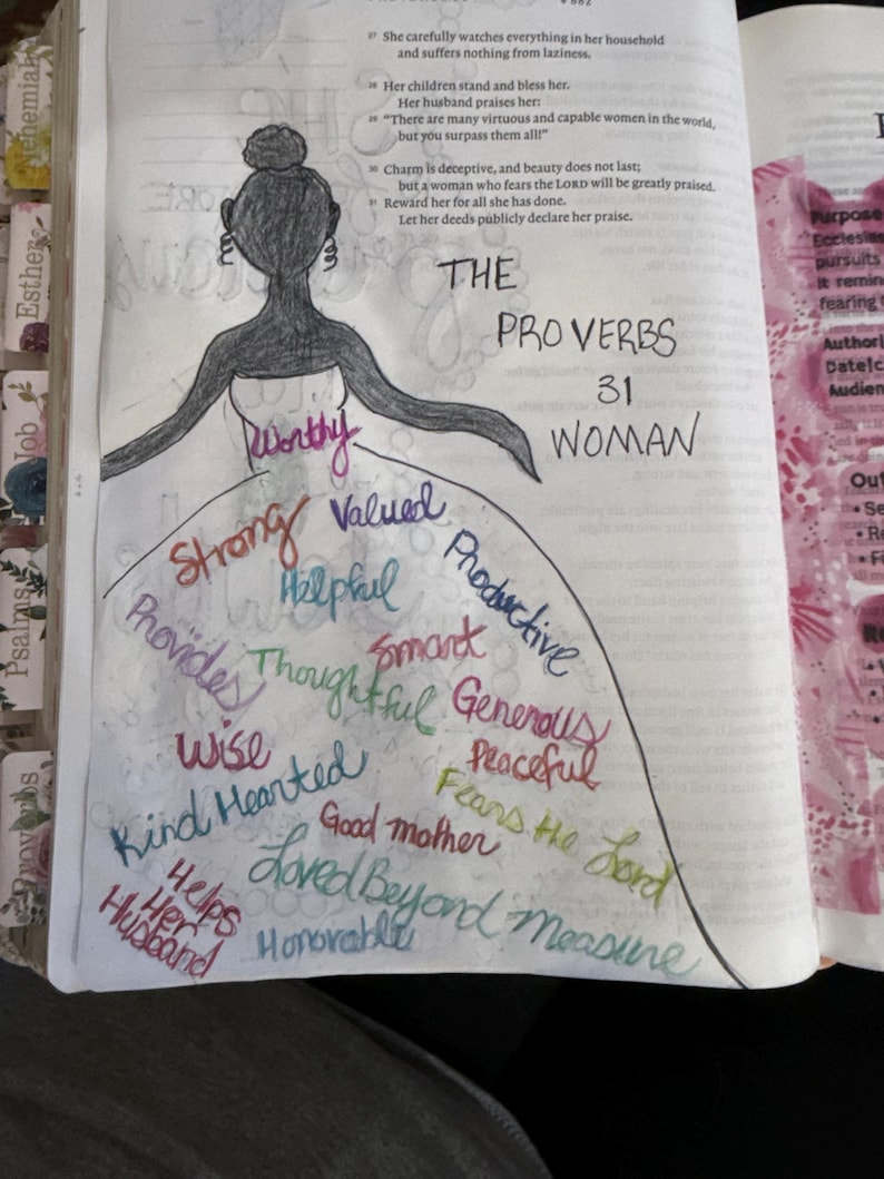 Puede incluir: Una ilustraci&oacute;n dibujada a mano en la p&aacute;gina de un libro que muestra una figura con un vestido. El texto dice THE PROVERBS 31 WOMAN, con palabras como Worthy, Strong, Valued, Productive, Helpful, Smart, Generous, Peaceful, Wise, Kind Hearted.