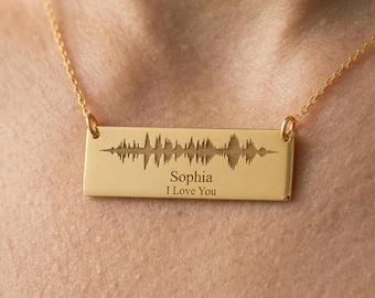 Soundwave Bar Necklace, Custom Voice Recording Jewelry, Gold Engraved Pendant