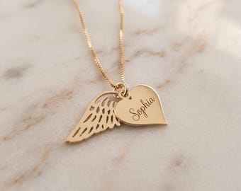Heart Name Necklace with Wings • Angel Wings Necklace • Angel Necklace • Actual Handwriting Gift