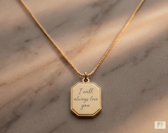 Minimalist Octagon Necklace • Personalized Gold Bar Pendant • Handwritten Style Engraving