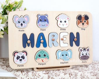 Rompecabezas de madera con nombres de animales, rompecabezas hecho a mano con nombres de animales, regalos de Navidad para niños pequeños, regalo de primer cumpleaños