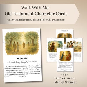 May include: A collection of "Walk With Me" Old Testament Character Cards. Each card features watercolour illustrations and text, including "A Devotional Journey Through the Old Testament." The set contains 94 cards for men and women.