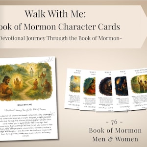 Può includere: Un set di schede dei personaggi del Libro di Mormon con illustrazioni ad acquerello. Le schede presentano immagini di figure e scene bibliche, con il testo "Walk With Me". Le schede sono progettate per l'uso devozionale.