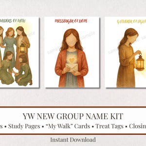 May include: A set of three watercolor art prints. The first print features six women with the text "BUILDERS OF FAITH". The second print shows a woman holding a letter with the text "MESSENGER OF HOPE". The third print shows a woman holding a lantern with the text "GATHERER OF LIGHT".