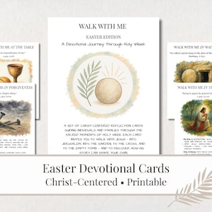 May include: A set of Easter devotional cards with watercolor illustrations. The cards feature the text "Walk With Me" and include images of a chalice, nails, and Jesus in a garden. The cards are Christ-centered and printable.