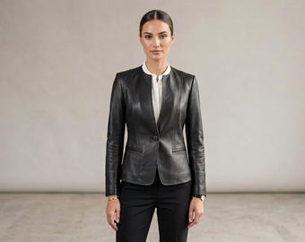 Women's Collarless Leather Blazer Jacket | Genuine Lambskin Leather Blazer | Elegant Office Coat | Minimalist Tailored Jacket | Gift for Her