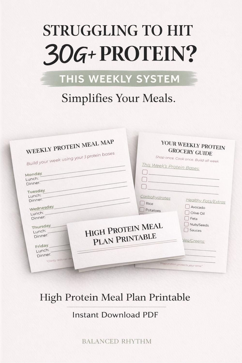Plan de comidas alto en proteínas imprimible / Planificador semanal de 30 g de proteína (PDF) / Sistema simple de preparación de comidas con 3 proteín