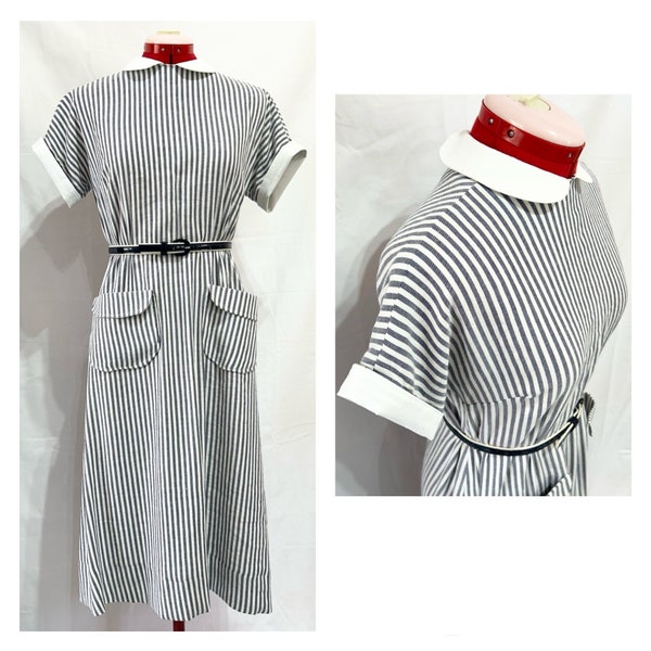 Vintage Reproduction 1960's Blue and White Striped Jiffy Dress