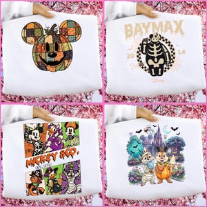 Puede incluir: Cuatro sudaderas blancas con gráficos de Halloween con temática de Disney. Los diseños incluyen una calabaza de patchwork de Mickey Mouse, un Baymax esqueleto, un collage de personajes de Mickey & Co. y Chip y Dale disfrazados.