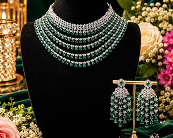 Tanvi Emerald Teardrop Crystal Necklace Set – Royal Glamour Jewelry