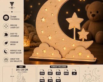 Veilleuse lune étoiles en couches SVG | Lampe découpée au laser pour chambre d'enfant (téléchargement numérique)