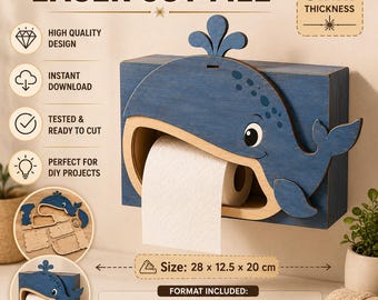 Porte Papier Toilette Baleine SVG, Fichier Découpe Laser, Décoration Drôle pour Salle de Bain (Téléchargement Numérique)