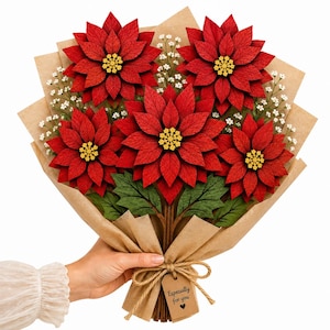 Poinsettia Bouquet SVG held by hand, Wooden Flower Bouquet, Flower Bouquet SVG, Poinsettia SVG, Christmas Flower, Laser Cut Flower, Layered Flower SVG, Laser Cut Templates, Glowforge Flower, xTool Laser File, Wooden Flowers Laser.
